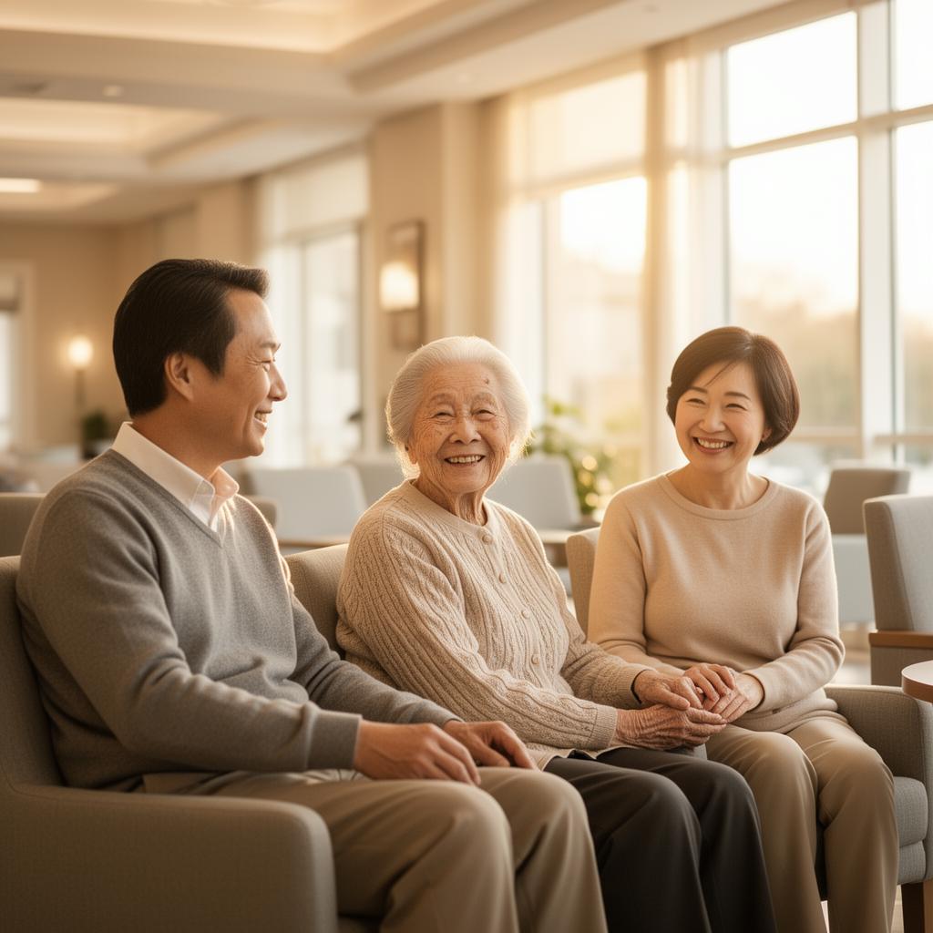 An adult daughter and son visiting their mother in her 90s at an assisted living community, smiling together in a sunlit common area.